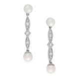 A PAIR OF PEARL AND DIAMOND DROP EARRINGS in 18ct white gold, each set with two pearls, accented