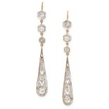 A PAIR OF DIAMOND DROP EARRINGS the tapering body of each set with old and rose cut diamonds,