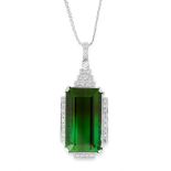 A GREEN TOURMALINE PENDANT AND CHAIN in 18ct white gold, in Art Deco style, set with an emerald