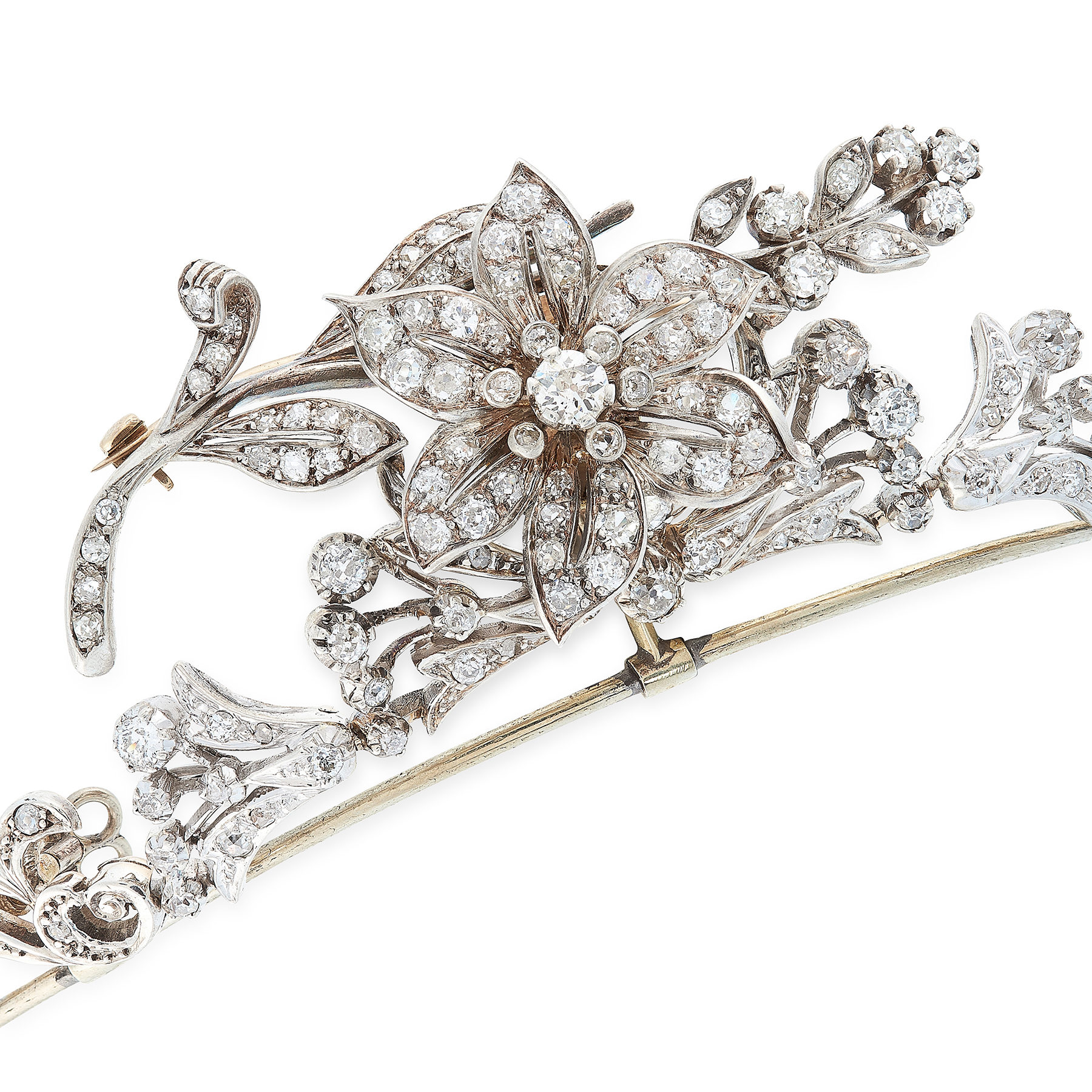 AN ANTIQUE DIAMOND TIARA, 19TH CENTURY in high carat yellow gold and silver, the plain band set with - Image 2 of 2