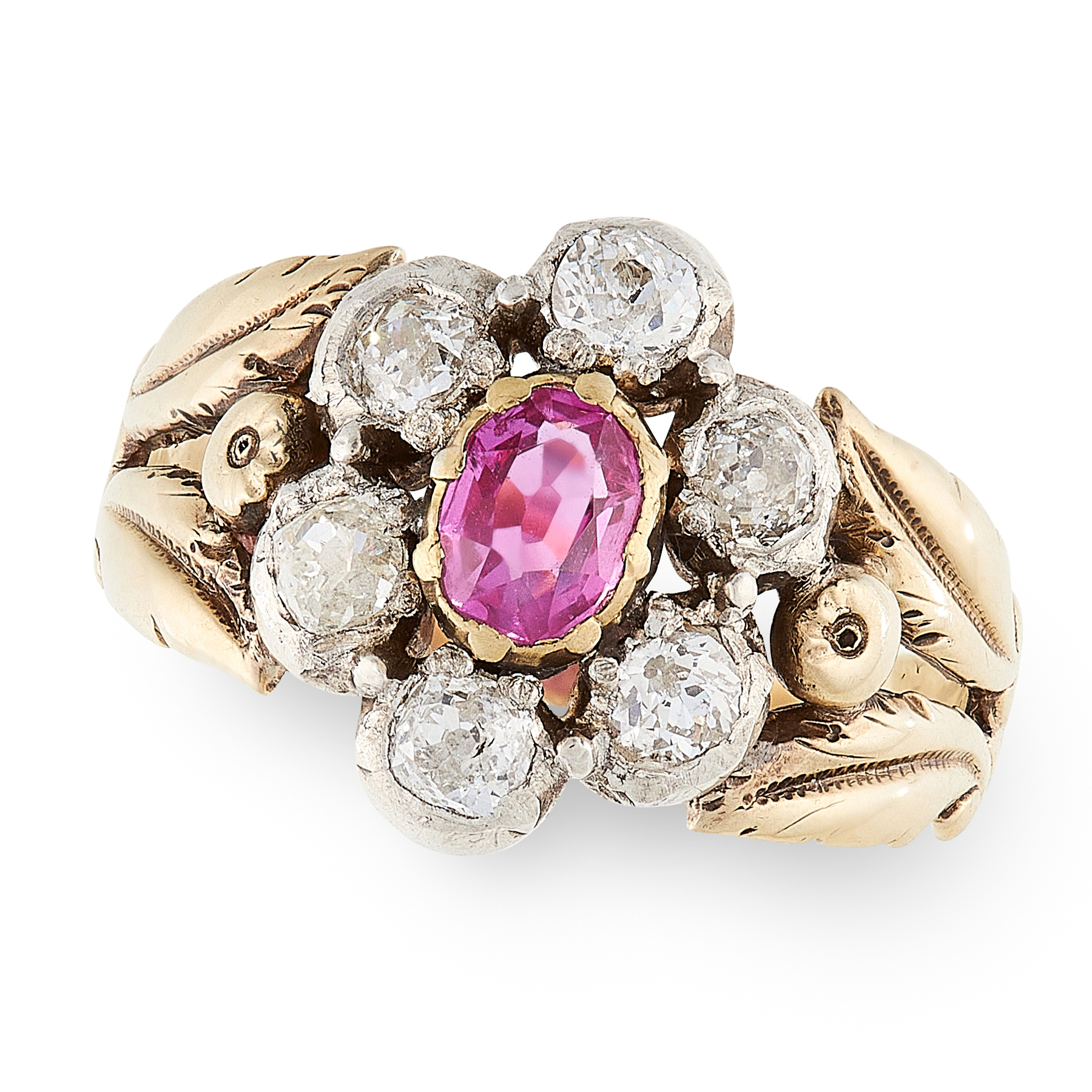 AN ANTIQUE RUBY AND DIAMOND RING, 19TH CENTURY in high carat yellow gold and silver, set with an