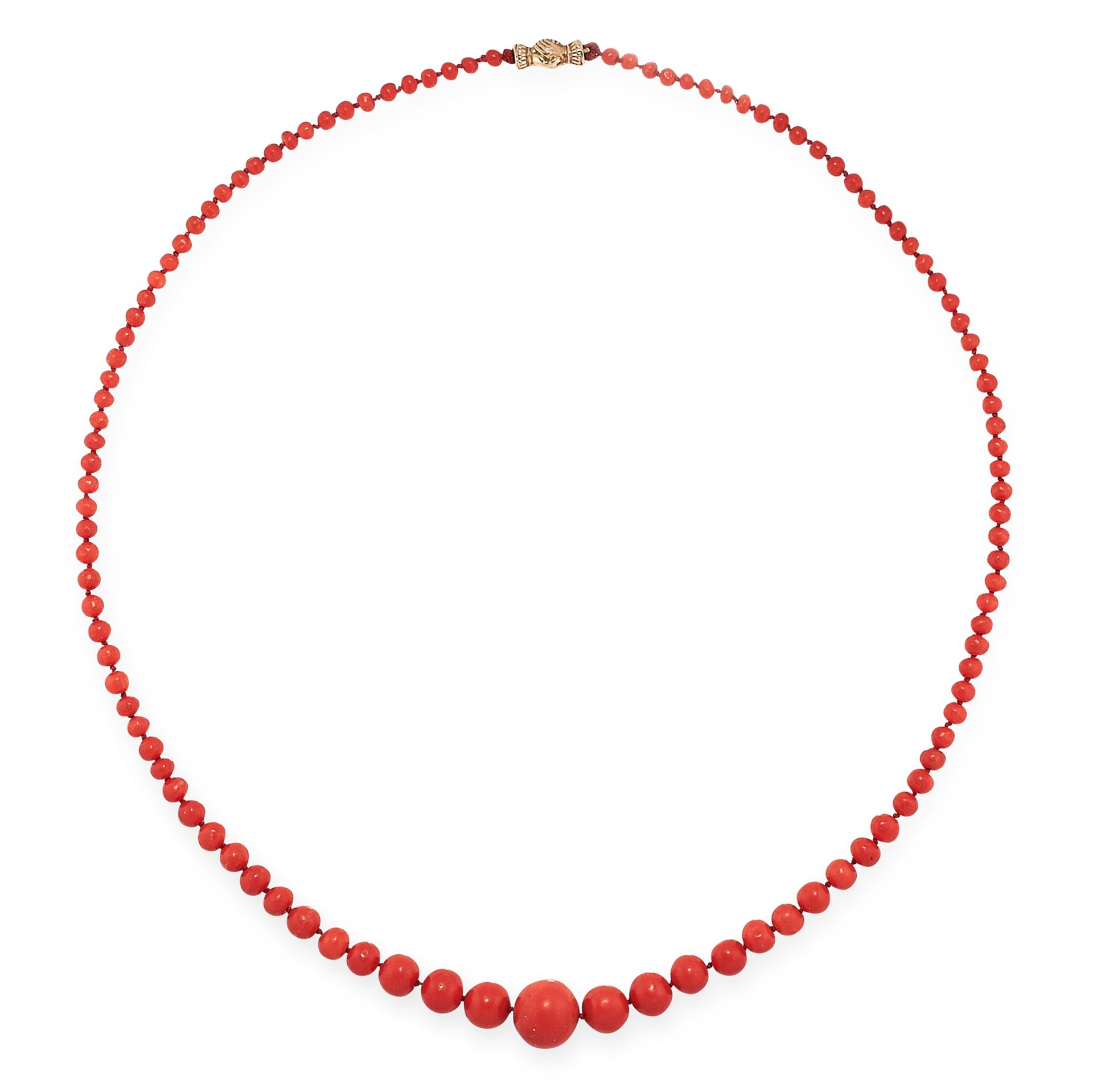 AN ANTIQUE CORAL BEAD NECKLACE in yellow gold, comprising a single row of one hundred and nine