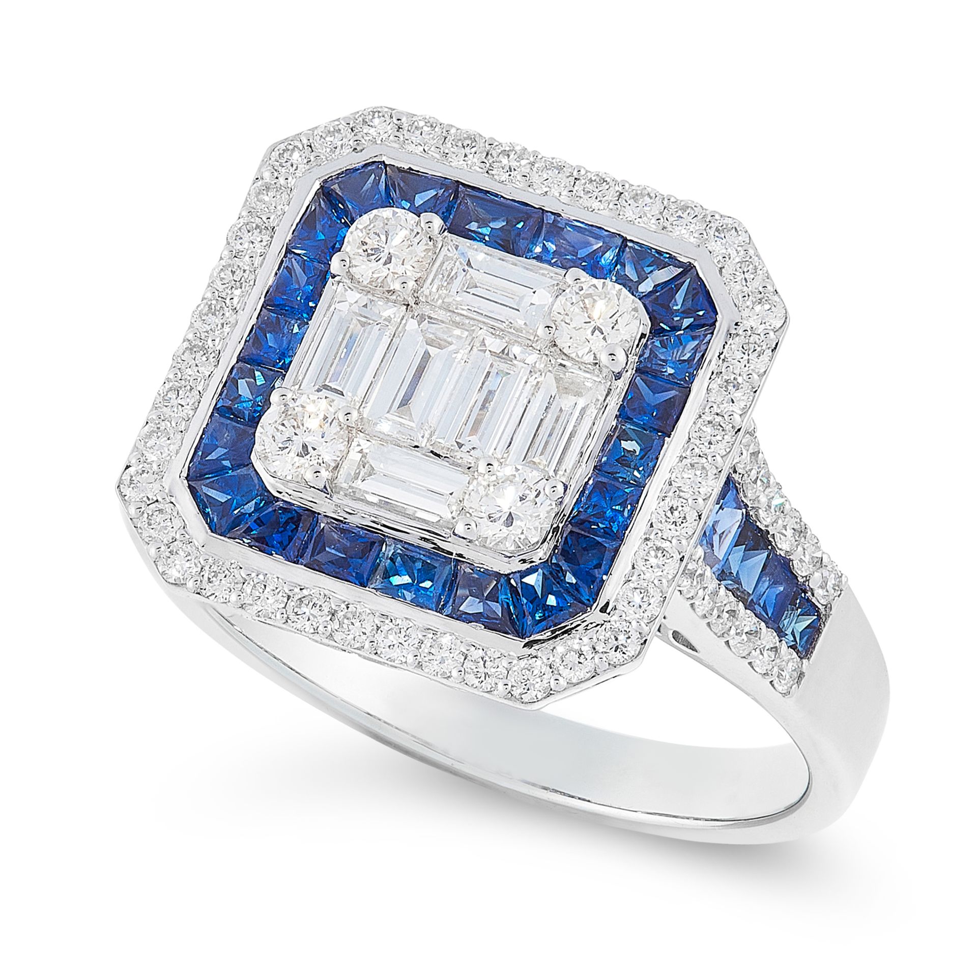 A SAPPHIRE AND DIAMOND DRESS RING in 18ct white gold, the rectangular face set with a central