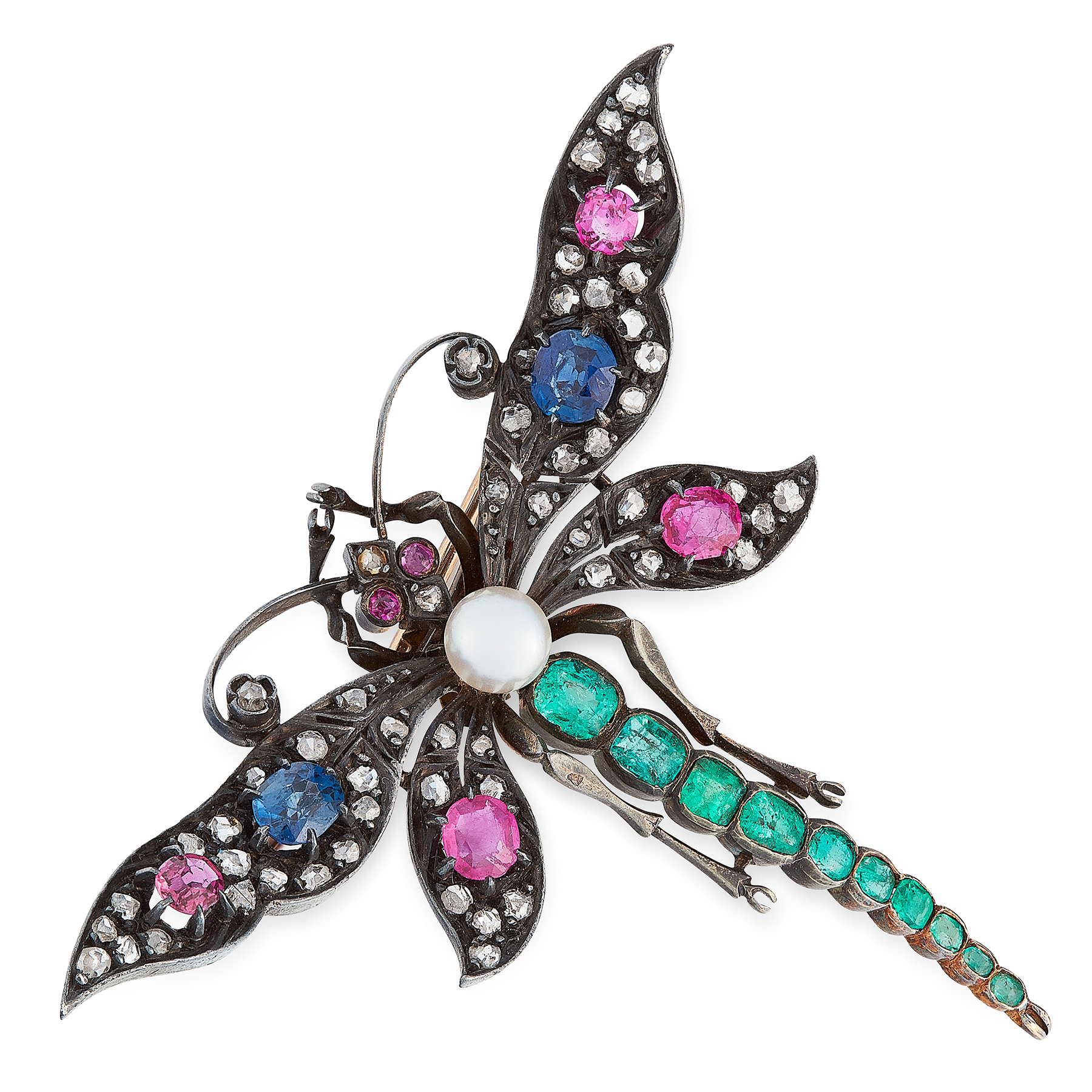 AN ANTIQUE PEARL, EMERALD, RUBY, SAPPHIRE AND DIAMOND DRAGONFLY BROOCH in yellow gold and silver,