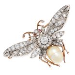 AN ANTIQUE NATURAL PEARL, DIAMOND AND RUBY BEE BROOCH, EARLY 20TH CENTURY designed as a bee, the