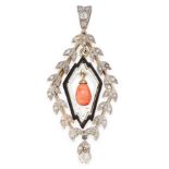 AN ART DECO CORAL, ENAMEL AND DIAMOND PENDANT in yellow gold and silver, set with a polished coral