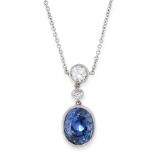 A CEYLON NO HEAT SAPPHIRE AND DIAMOND PENDANT NECKLACE set with a cushion cut sapphire of 6.10