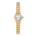 A CARTIER SANTOS WRIST WATCH in 18ct yellow gold, automatic movement, 26mm case, white dial, black