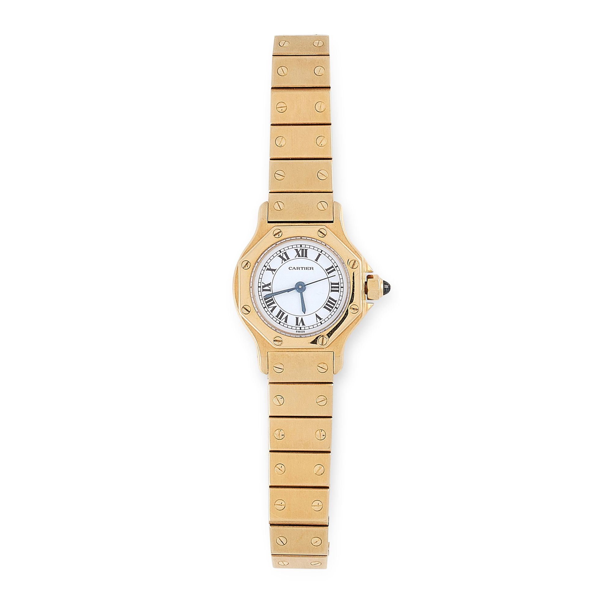 A CARTIER SANTOS WRIST WATCH in 18ct yellow gold, automatic movement, 26mm case, white dial, black