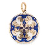 AN ANTIQUE ENAMEL AND HAIRWORK MOURNING LOCKET in yellow gold, of circular design, the hinged body