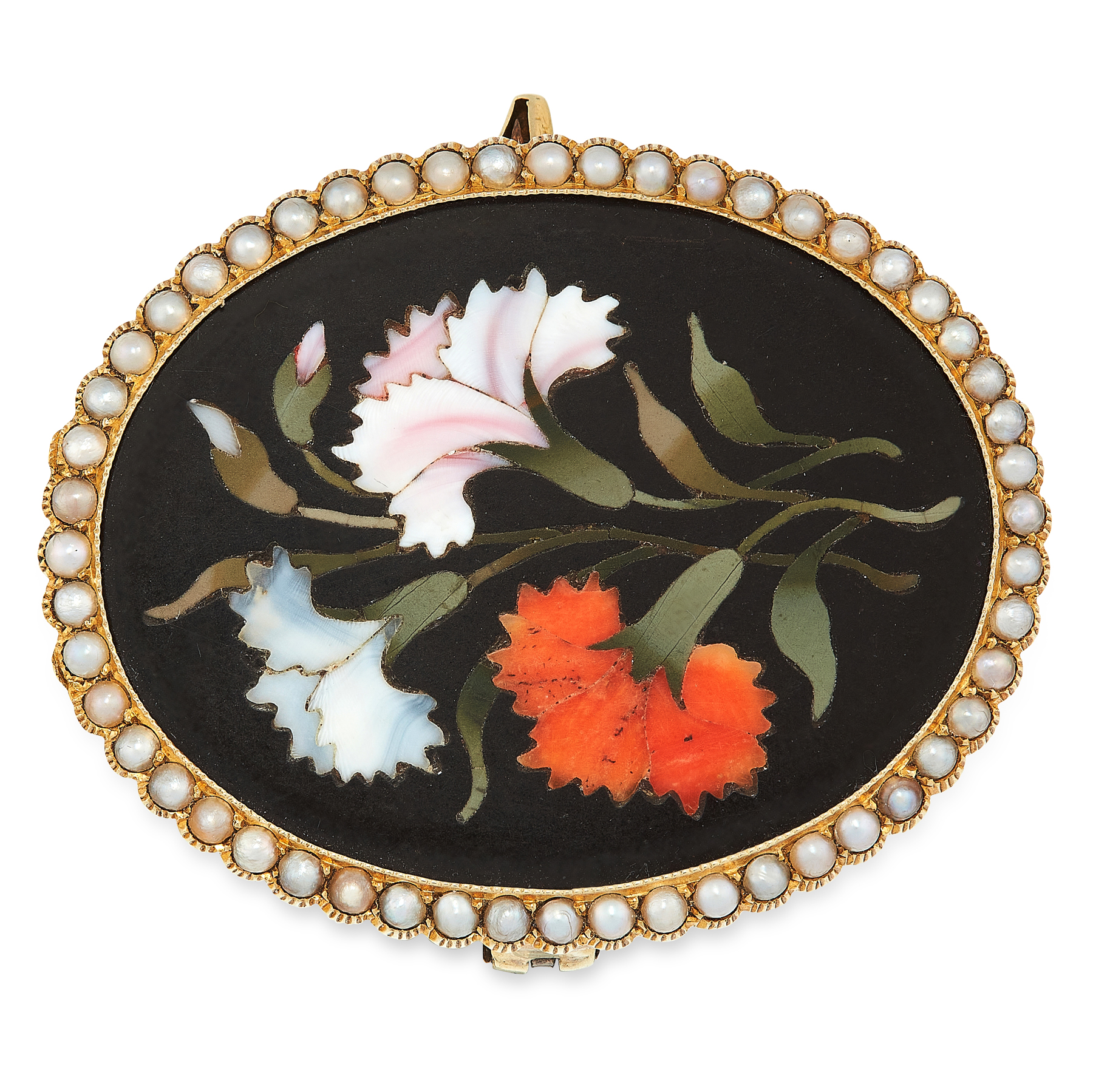 AN ANTIQUE PIETRA DURA PEARL MOURING LOCKET BROOCH, 19TH CENTURY in yellow gold, of oval form, set