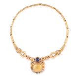A VINTAGE SAPPHIRE AND DIAMOND NECKLACE, CHAUMET in 18ct yellow gold, set with an oval cabochon blue