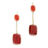 A PAIR OF VINTAGE CARNELIAN EARRINGS in yellow gold, each formed of two graduated rectangular