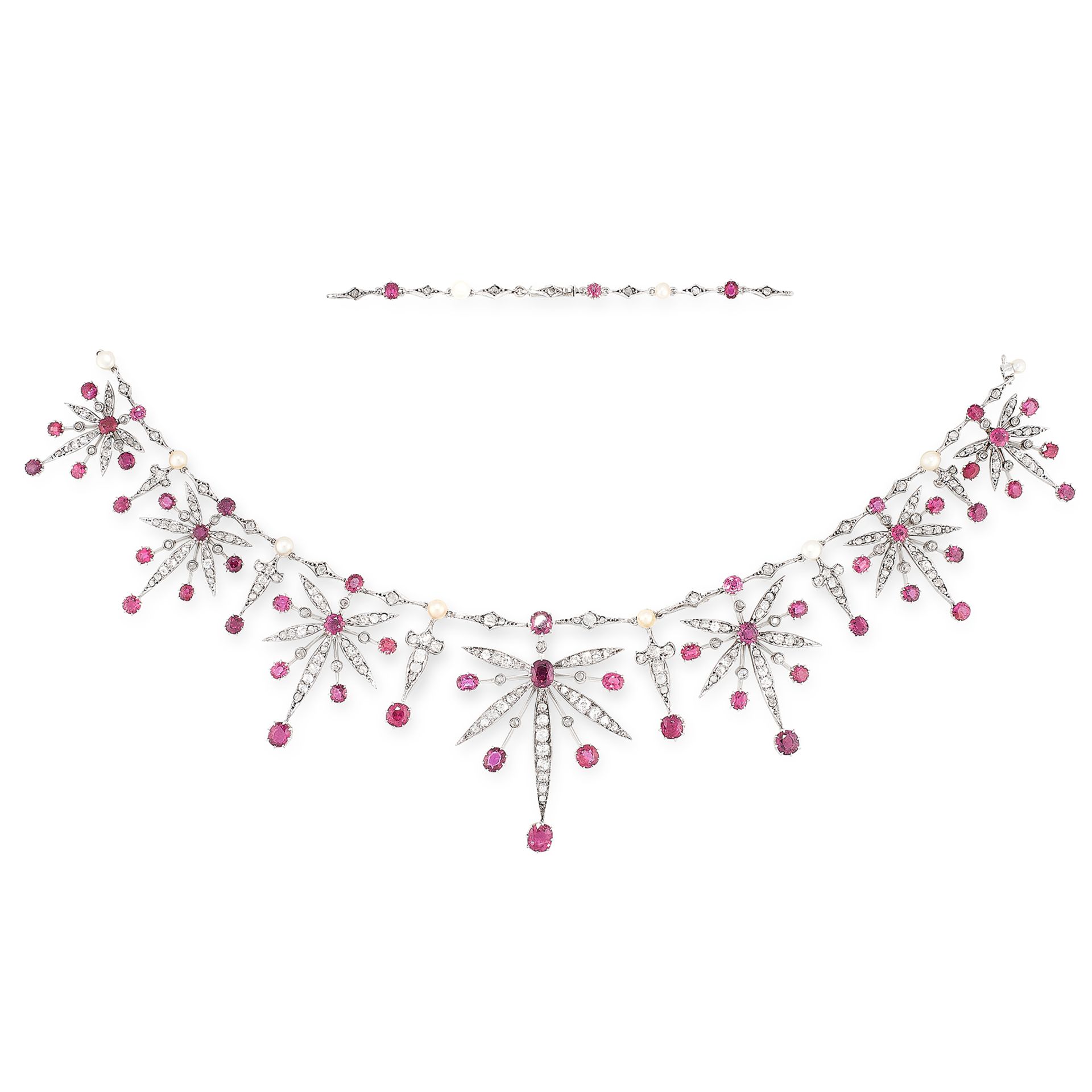 AN UNHEATED RUBY, PEARLS AND DIAMOND NECKLACE, EARLY 20TH CENTURY comprising a row of graduated