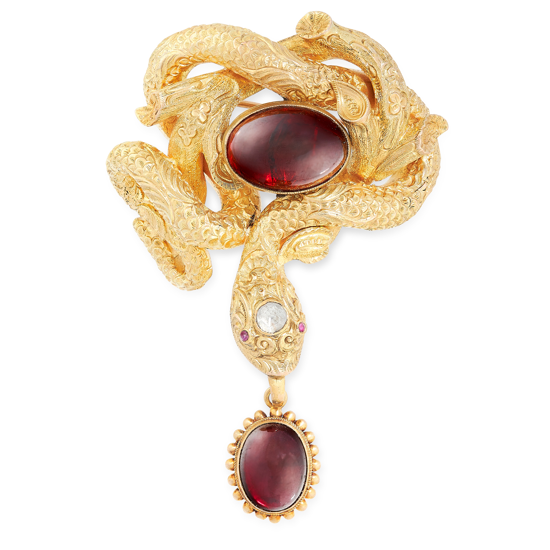 AN ANTIQUE GARNET, DIAMOND AND RUBY SNAKE BROOCH, 19TH CENTURY in high carat yellow gold, set with