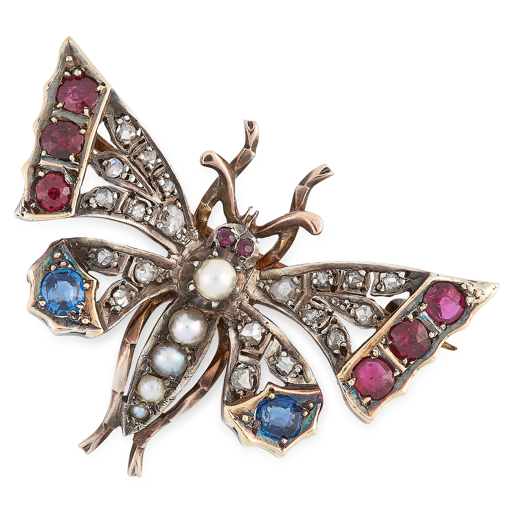 AN ANTIQUE RUBY, SAPPHIRE, PEARL AND DIAMOND BUTTERFLY BROOCH in yellow gold and silver, designed sa