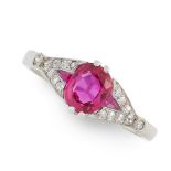 AN ART DECO BURMA NO HEAT RUBY AND DIAMOND RING in platinum, set with a cushion cut ruby of 0.90