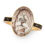 AN ANTIQUE GEORGIAN HAIRWORK AND ENAMEL MOURNING RING CIRCA 1782 in high carat yellow gold, the oval