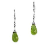 A PAIR OF ART DECO PERIDOT AND DIAMOND EARRINGS, EARLY 20TH CENTURY each set with a briolette drop