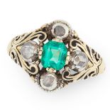 AN ANTIQUE EMERALD AND DIAMOND RING, 19TH CENTURY in yellow gold, set with an emerald cut emerald of