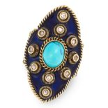A TURQUOISE, DIAMOND AND ENAMEL RING in high carat yellow gold, the navette face set with a