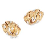 A PAIR OF VINTAGE DIAMOND CLIP EARRINGS in yellow gold, each designed as a trio of textured