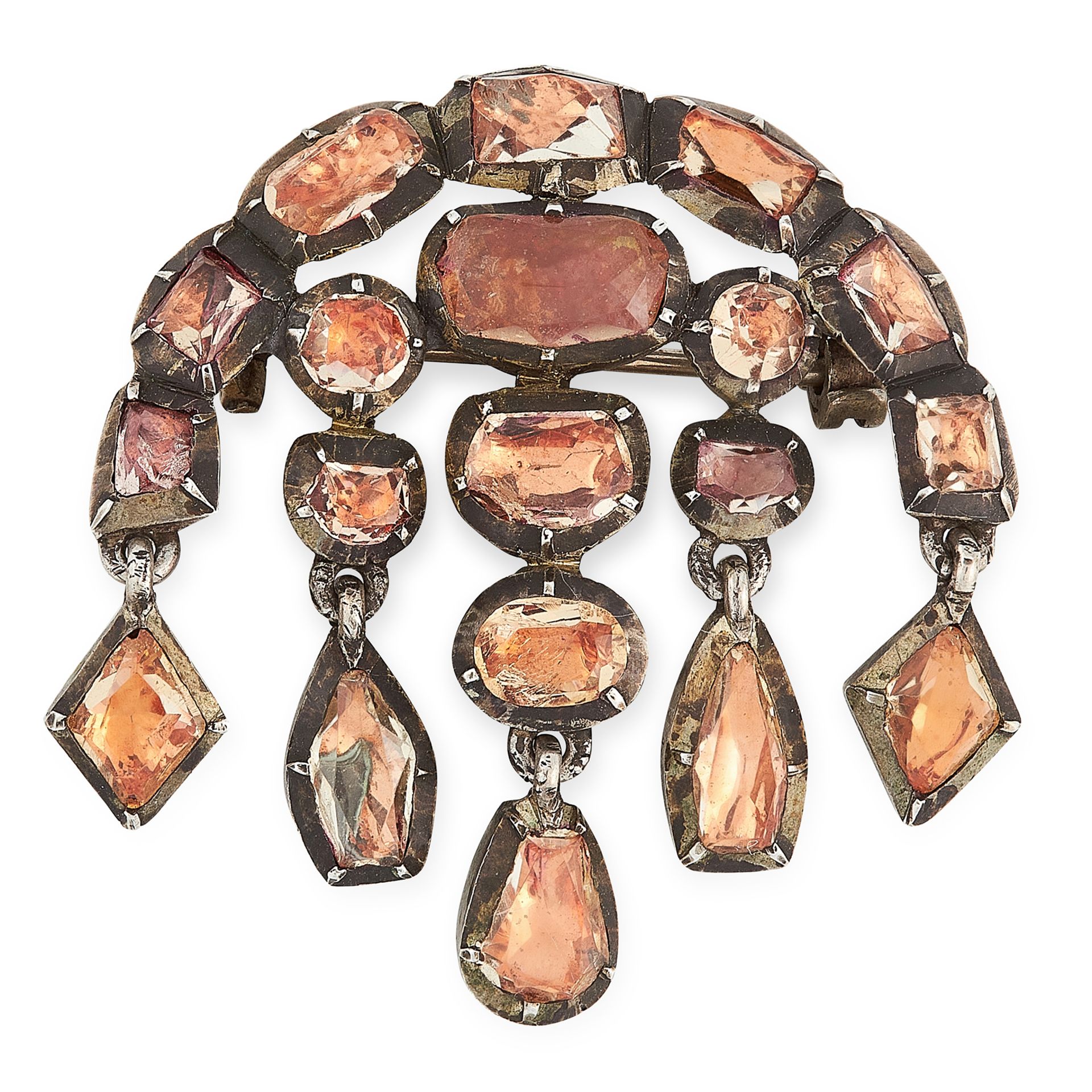 AN ANTIQUE TOPAZ BROOCH, PORTUGUESE CIRCA 1800 in silver, the body close set with variously cut