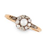 AN ANTIQUE PEARL AND DIAMOND CLUSTER RING in yellow gold, set with a central pearl within a border