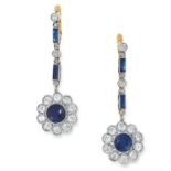 A PAIR OF ART DECO SAPPHIRE AND DIAMOND EARRINGS in yellow gold, each set with a cushion cut
