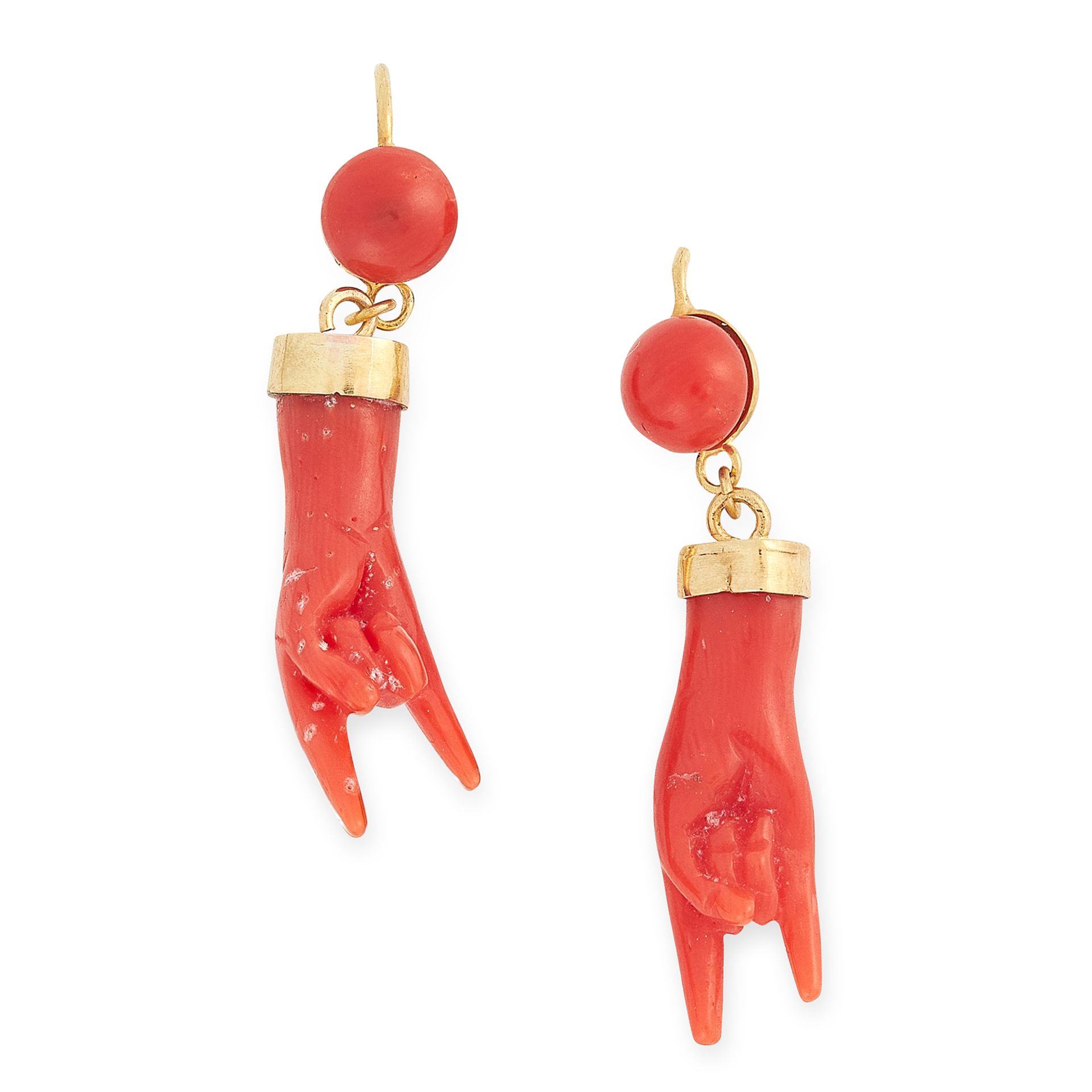 A PAIR OF ANTIQUE CORNICELLO CORAL HAND EARRINGS in yellow gold, each set with a carved coral