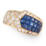 A SAPPHIRE AND DIAMOND DRESS RING in 18ct yellow gold, the tapered overlapping body mystery set with