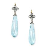 A PAIR OF ART DECO AQUAMARINE AND DIAMOND DROP EARRINGS each comprising a cluster of old cut