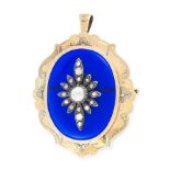 AN ANTIQUE DIAMOND AND BLUE GLASS PENDANT / BROOCH, 19TH CENTURY in yellow gold, the oval face set