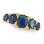 A SAPPHIRE AND DIAMOND DRESS RING in 18ct yellow gold, set with a row of five graduated oval cut