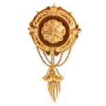 AN ANTIQUE MOURNING LOCKET TASSEL BROOCH, 19TH CENTURY in high carat yellow gold, the circular