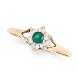 A GEMSET CLUSTER RING in yellow gold, set with a cluster of round cut green and white gemstones,