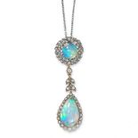 AN OPAL AND DIAMOND PENDANT AND CHAIN set with a pear shaped cabochon opal within a border of rose