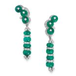 A PAIR OF EMERALD AND DIAMOND EARRINGS in 18ct white gold, each set with a row of four emerald beads