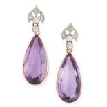 A PAIR OF ANTIQUE AMETHYST AND DIAMOND EARRINGS in high carat yellow gold, each set with a pear
