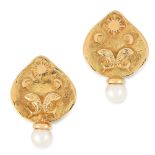 A PAIR OF ZODIAC PEARL CLIP EARRINGS, ELIZABETH GAGE 1994 in 18ct yellow gold, the face of each