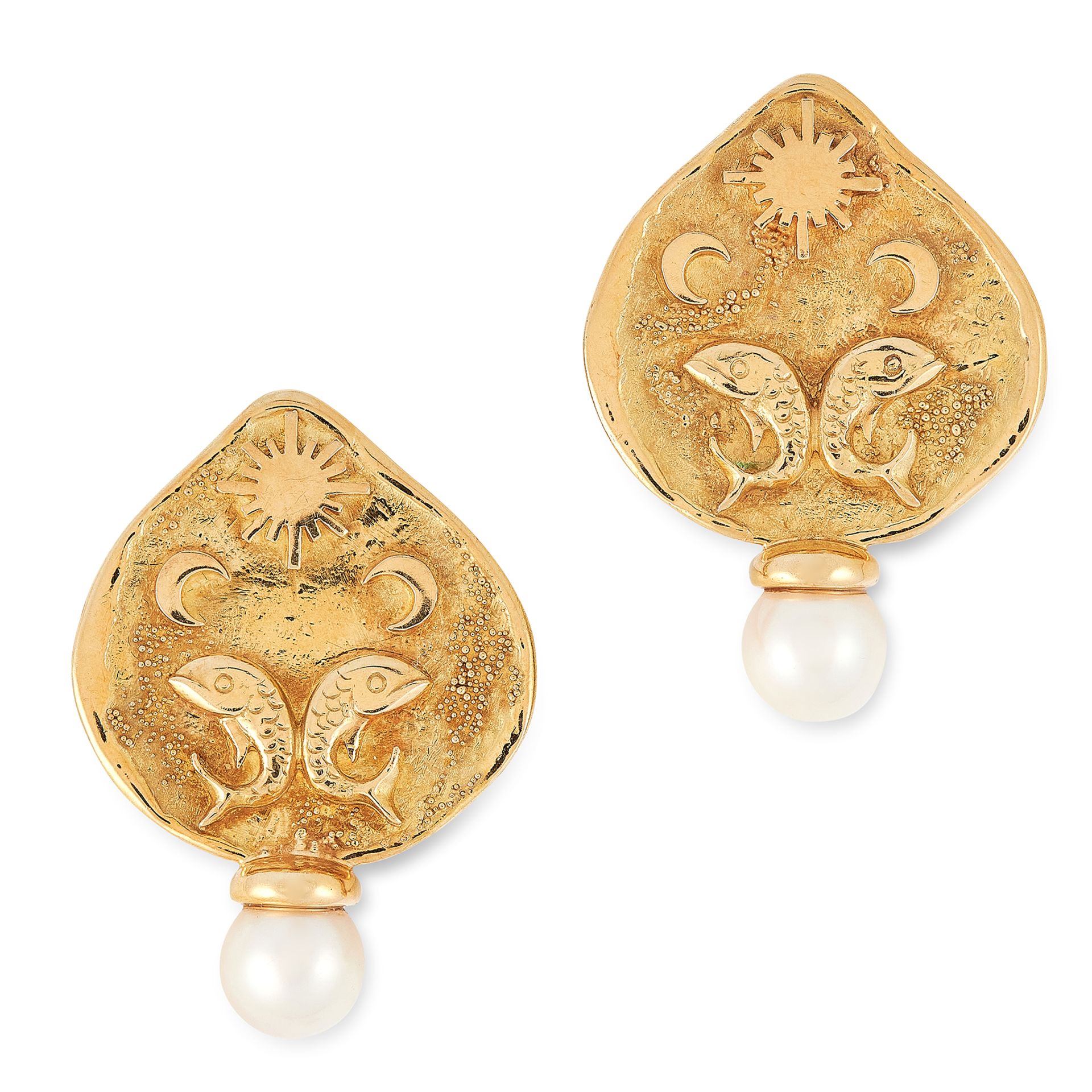 A PAIR OF ZODIAC PEARL CLIP EARRINGS, ELIZABETH GAGE 1994 in 18ct yellow gold, the face of each