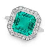 A COLOMBIAN EMERALD AND DIAMOND RING in platinum, set with an emerald cut emerald of 4.54 carats