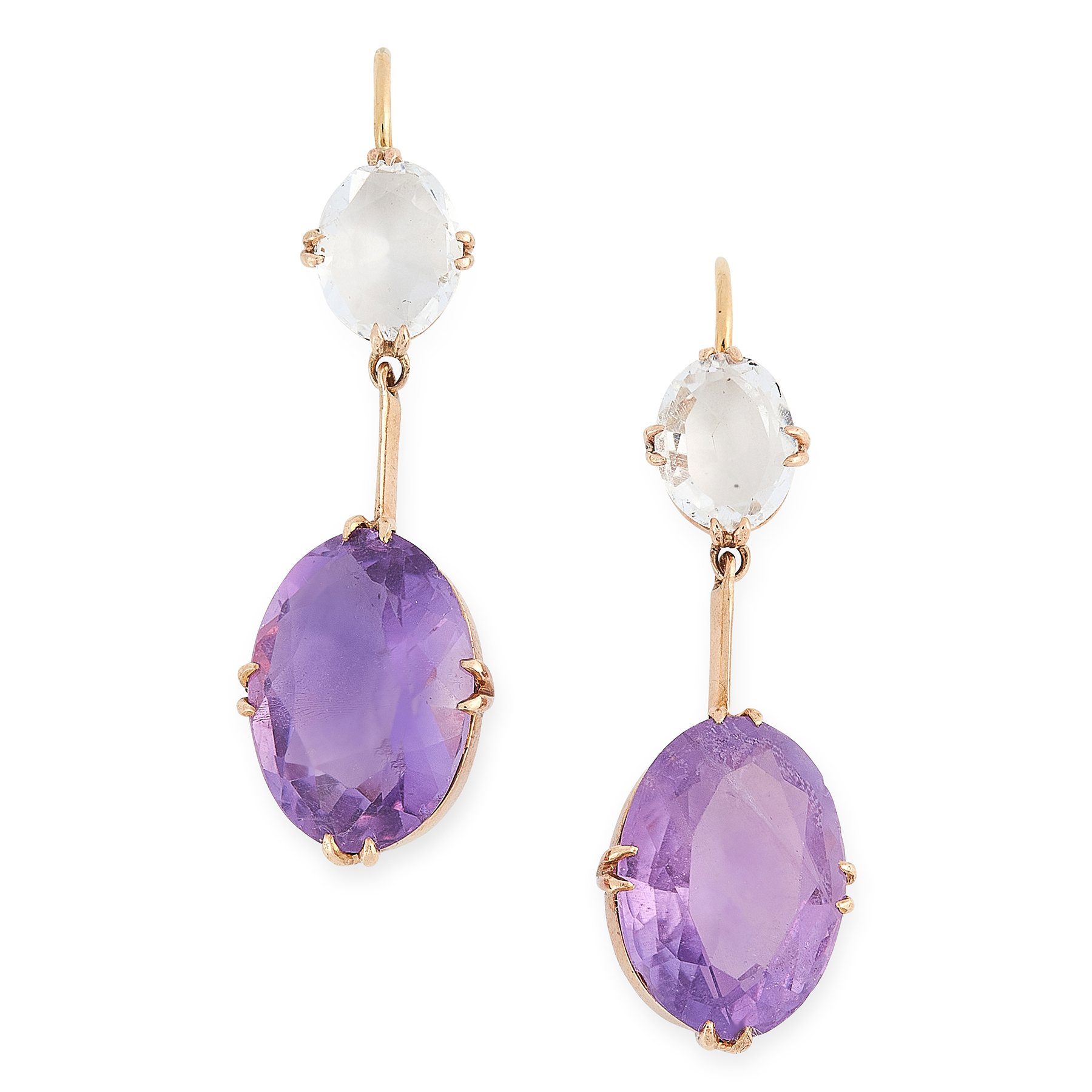 A PAIR OF ANTIQUE AMETHYST AND ROCK CRYSTAL EARRINGS in yellow gold, each set with an oval cut