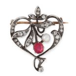 AN ANTIQUE RUBY, PEARL AND DIAMOND BROOCH in yellow gold and silver, of scrolling design, set with a