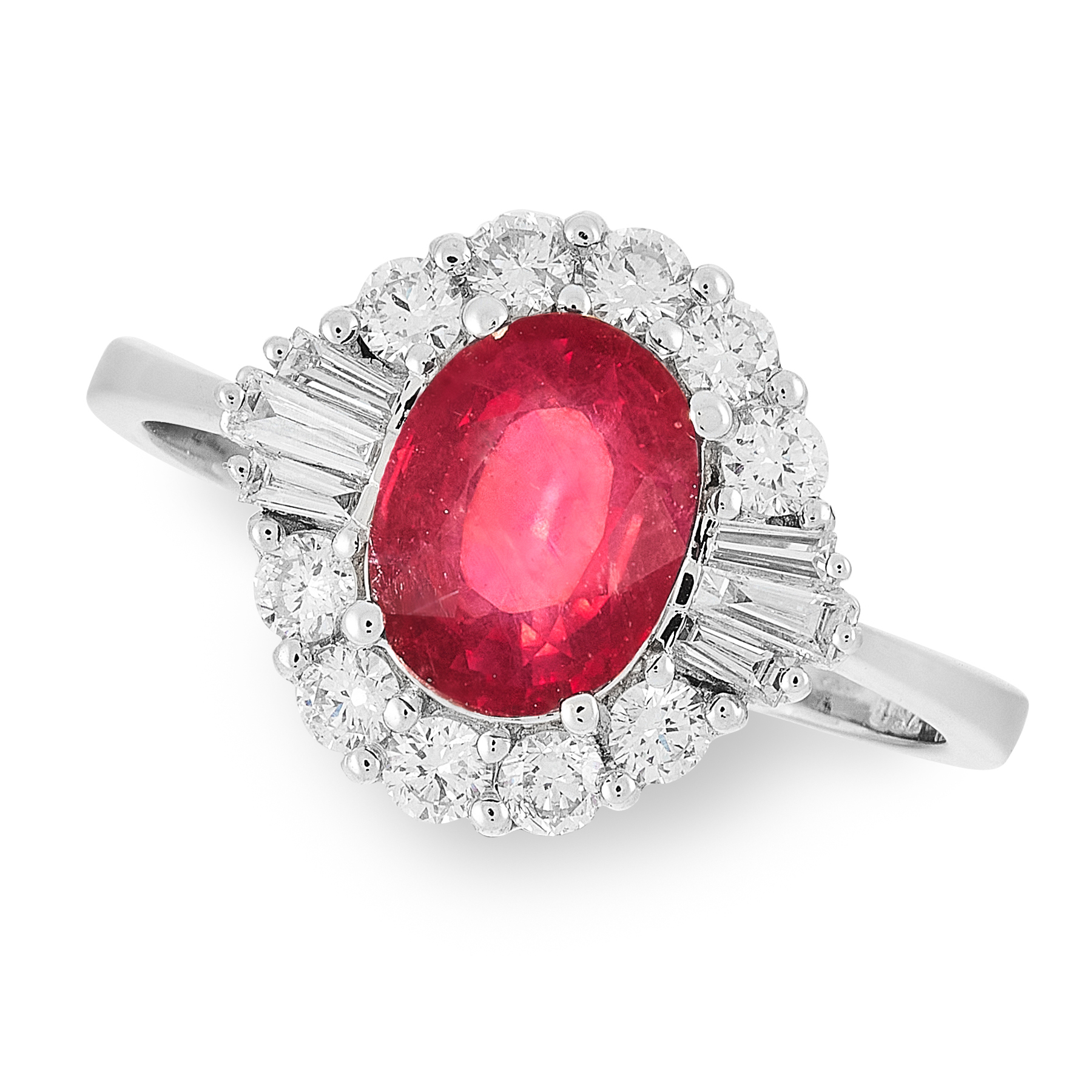 A RUBY AND DIAMOND DRESS RING in 18ct white gold, set with an oval cut ruby of 1.93 carats, within a