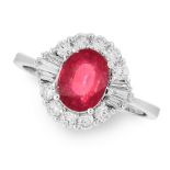 A RUBY AND DIAMOND DRESS RING in 18ct white gold, set with an oval cut ruby of 1.93 carats, within a