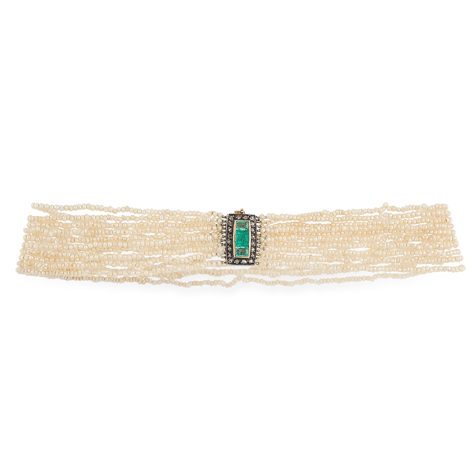 AN ANTIQUE PEARL, EMERALD AND DIAMOND CHOKER NECKLACE in yellow gold and silver, formed of ten