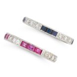 A RUBY AND DIAMOND ETERNITY RING, AND A SAPPHIRE AND DIAMOND ETERNITY RING each designed as a