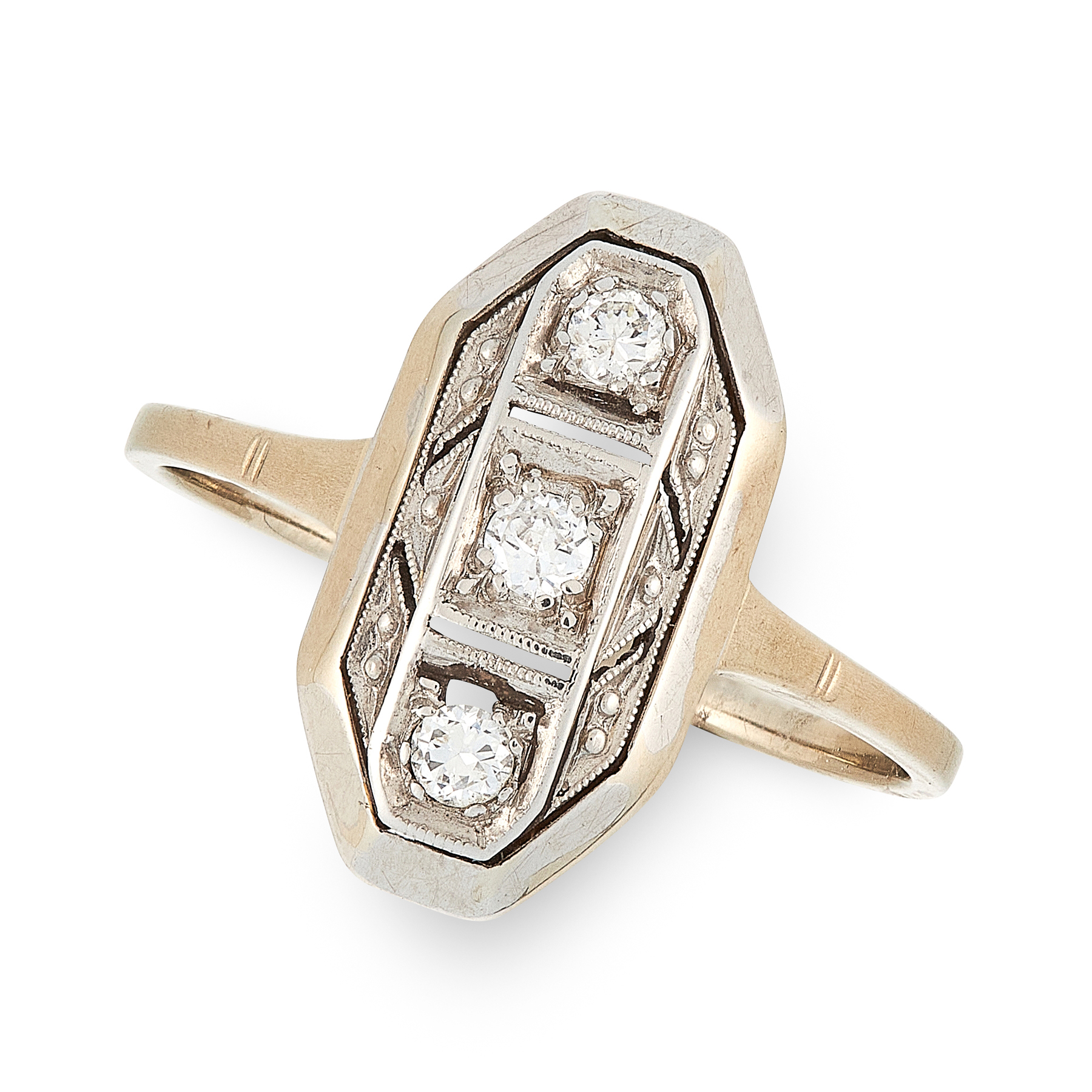 A DIAMOND DRESS RING, CIRCA 1940 in 14ct white gold, the elongated octagonal face set with a trio of