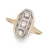 A DIAMOND DRESS RING, CIRCA 1940 in 14ct white gold, the elongated octagonal face set with a trio of